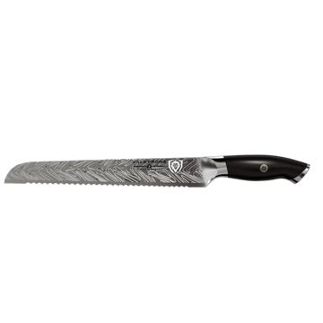 Dalstrong omega series 9 inch bread knife in all angles.
