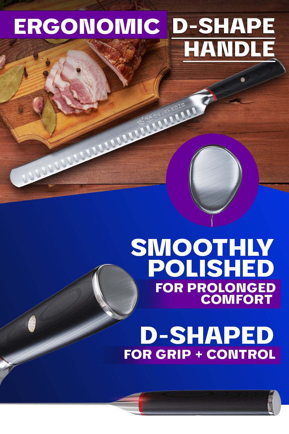 Dalstrong phantom series 12 inch slicer knife showcasing it's d-shape pakka wood handle.