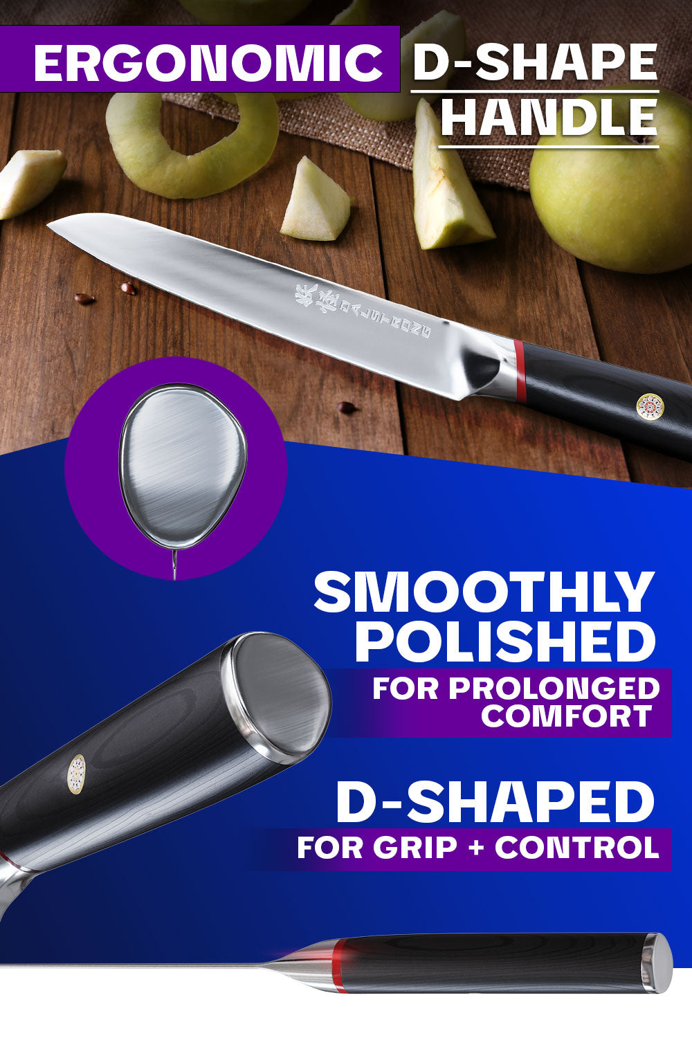 Dalstrong phantom series 5 inch utility knife showcasing it's d-shape pakka wood handle.