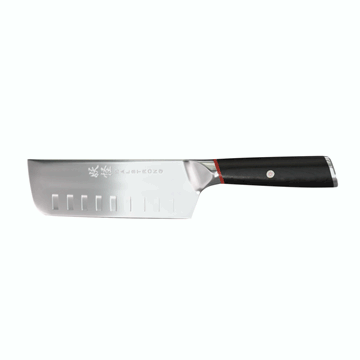 Dalstrong phantom series 6 inch nakiri knife with pakka wood handle in all angles.