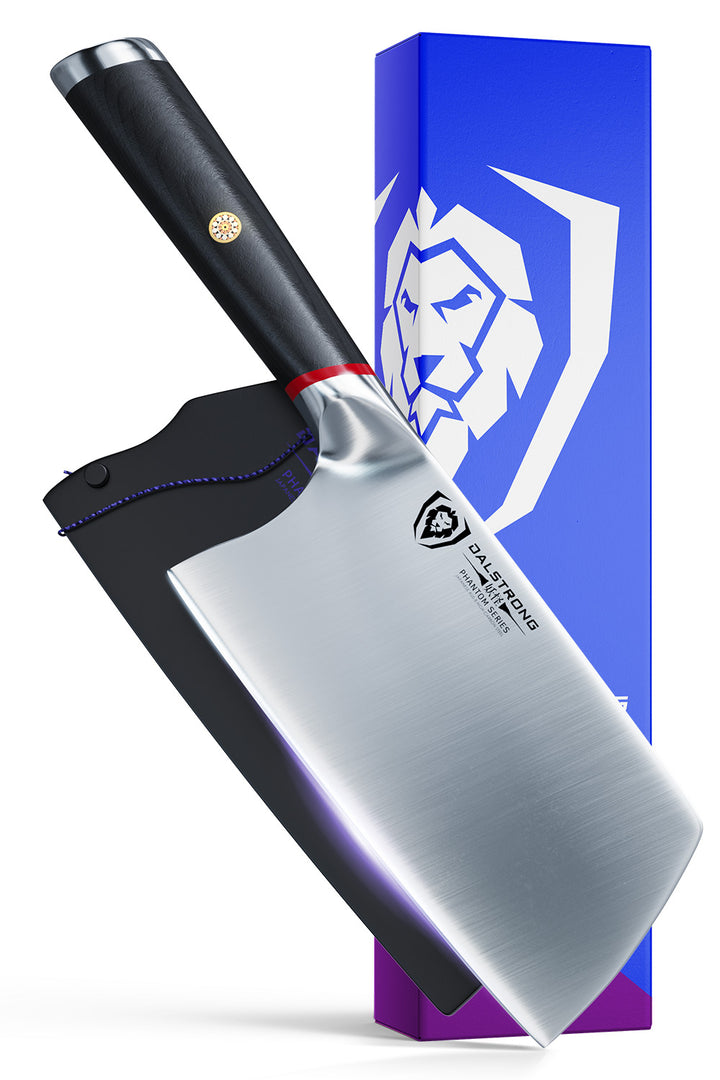 Dalstrong phantom series 7 inch cleaver knife with pakka wood handle in front of it's premium packaging.