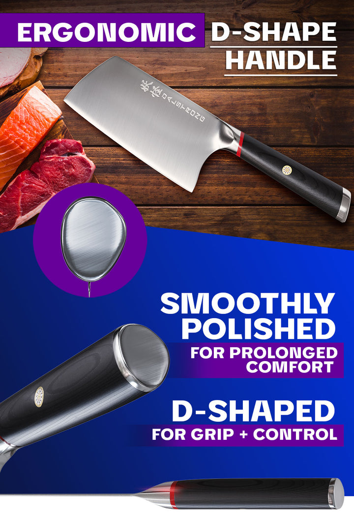 Dalstrong phantom series 7 inch cleaver knife featuring it's ergonomic d-shape pakka wood handle.