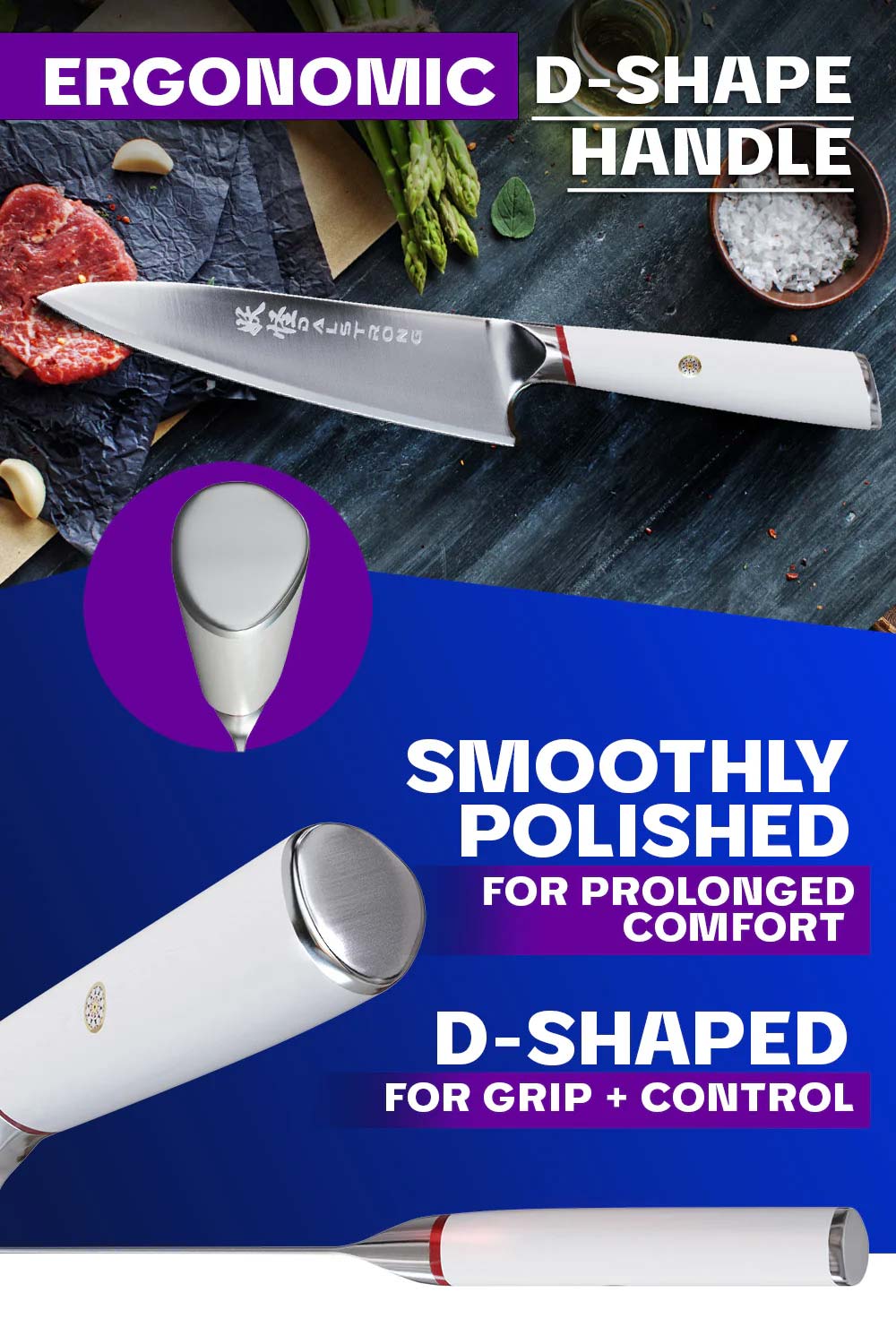 Dalstrong phantom series 8 inch chef knife featuring it's ergonomic d-shape white handle.