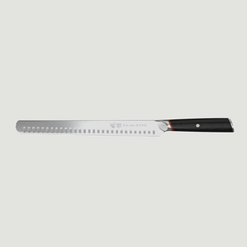 Dalstrong phantom series 12 inch slicer knife with pakka wood handle in all angles.