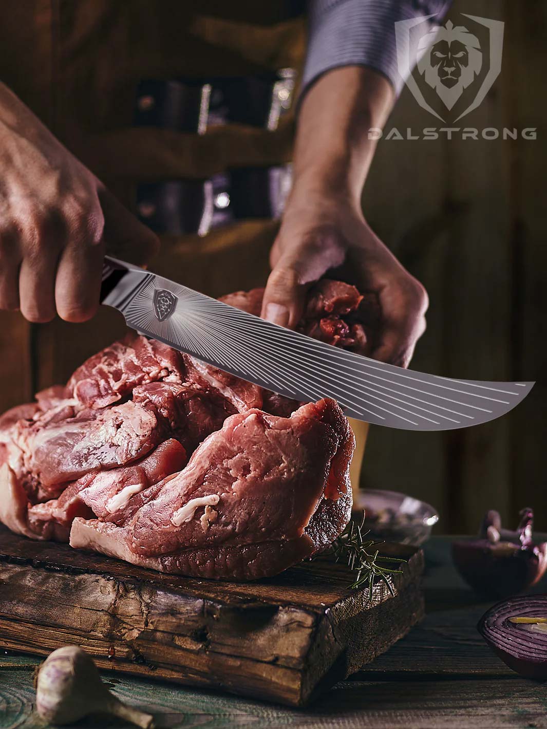 Dalstrong quantum 1 series 10 inch butcher knife with dragon skin handle and a large cut of meat.