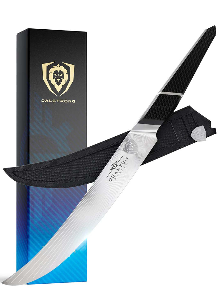 Dalstrong quantum 1 series 10 inch butcher knife with dragon skin handle in front of it's premium packaging.