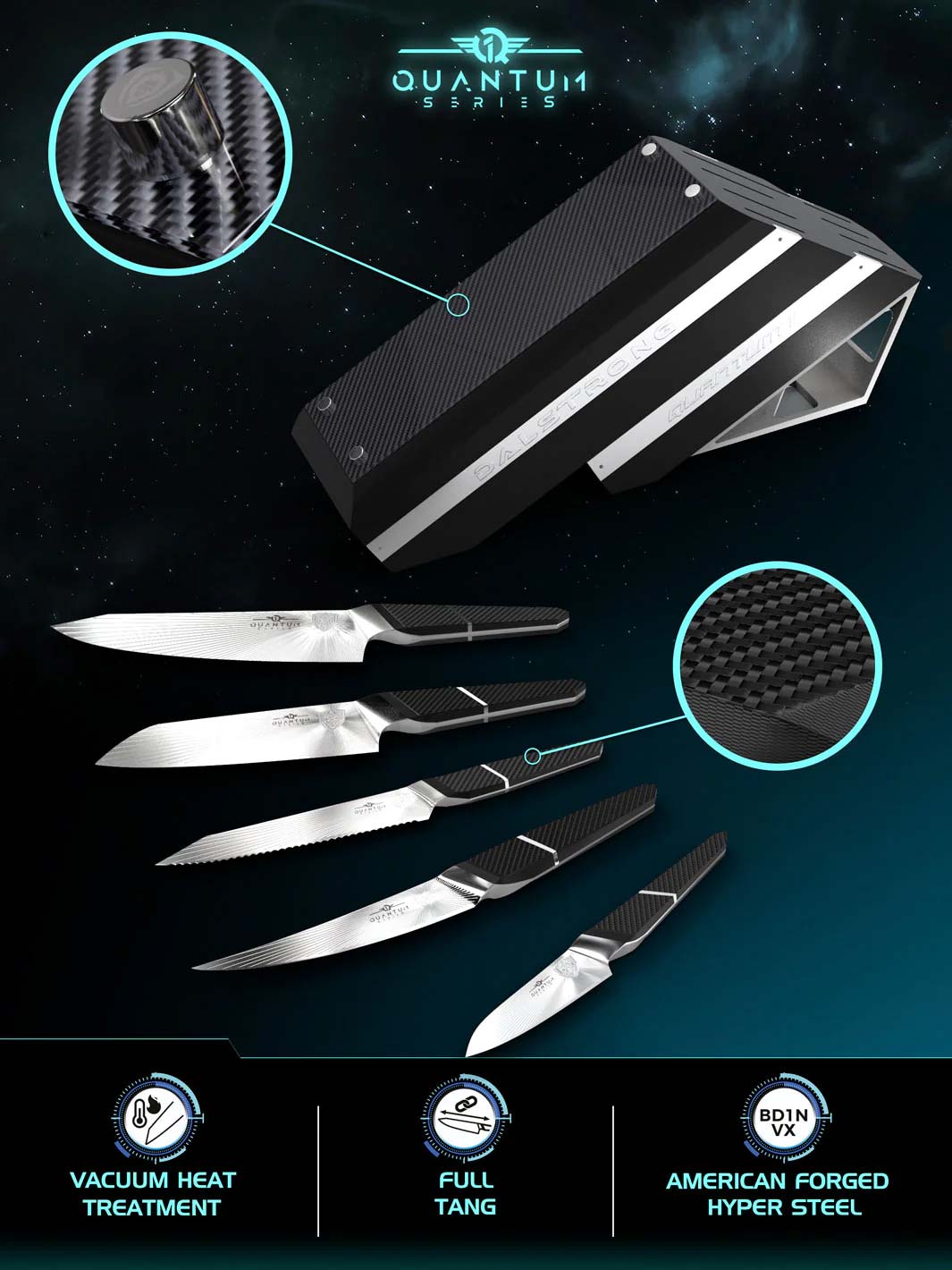 Dalstrong quantum 1 series 5 piece knife block set featuring it's block, handle and tang.