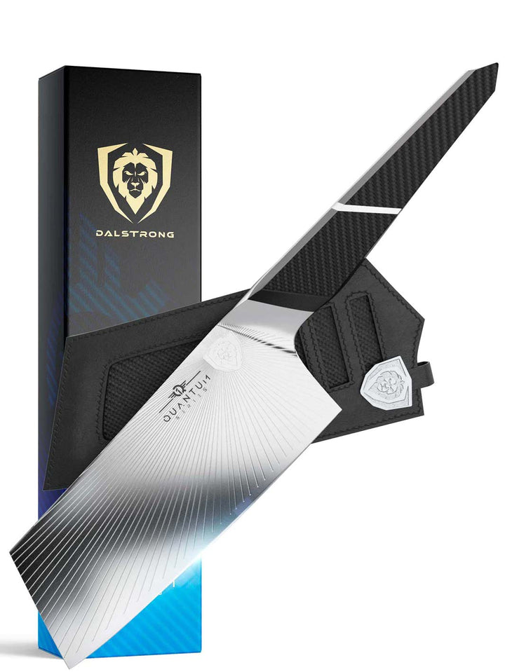 Dalstrong quantum 1 series 7 inch cleaver knife with dragon skin handle in front of it's premium packaging.