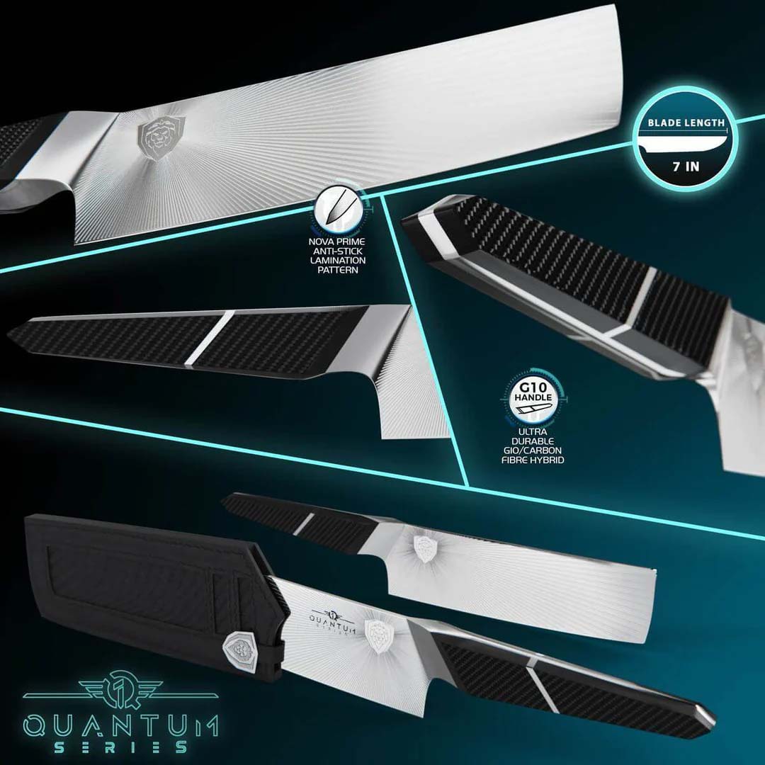 Dalstrong quantum 1 series 7 inch nakiri knife with dragon skin handle featuring it's razor sharp blade.