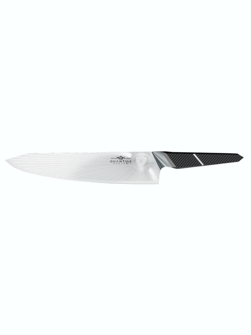 Dalstrong quantum 1 series 9.5 inch chef knife with dragon skin handle in all angles.