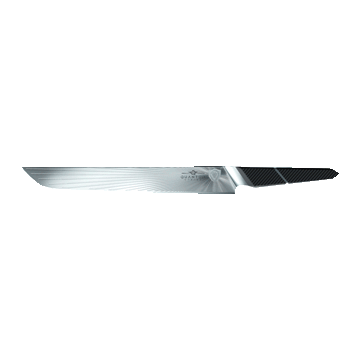 Dalstrong quantum 1 series 12 inch slicer knife with dragon skin handle in all angles.