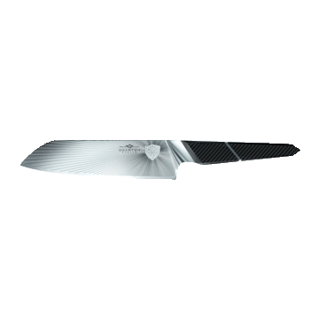 Dalstrong quantum 1 series 7 inch santoku knife with dragon skin handle in all angles.
