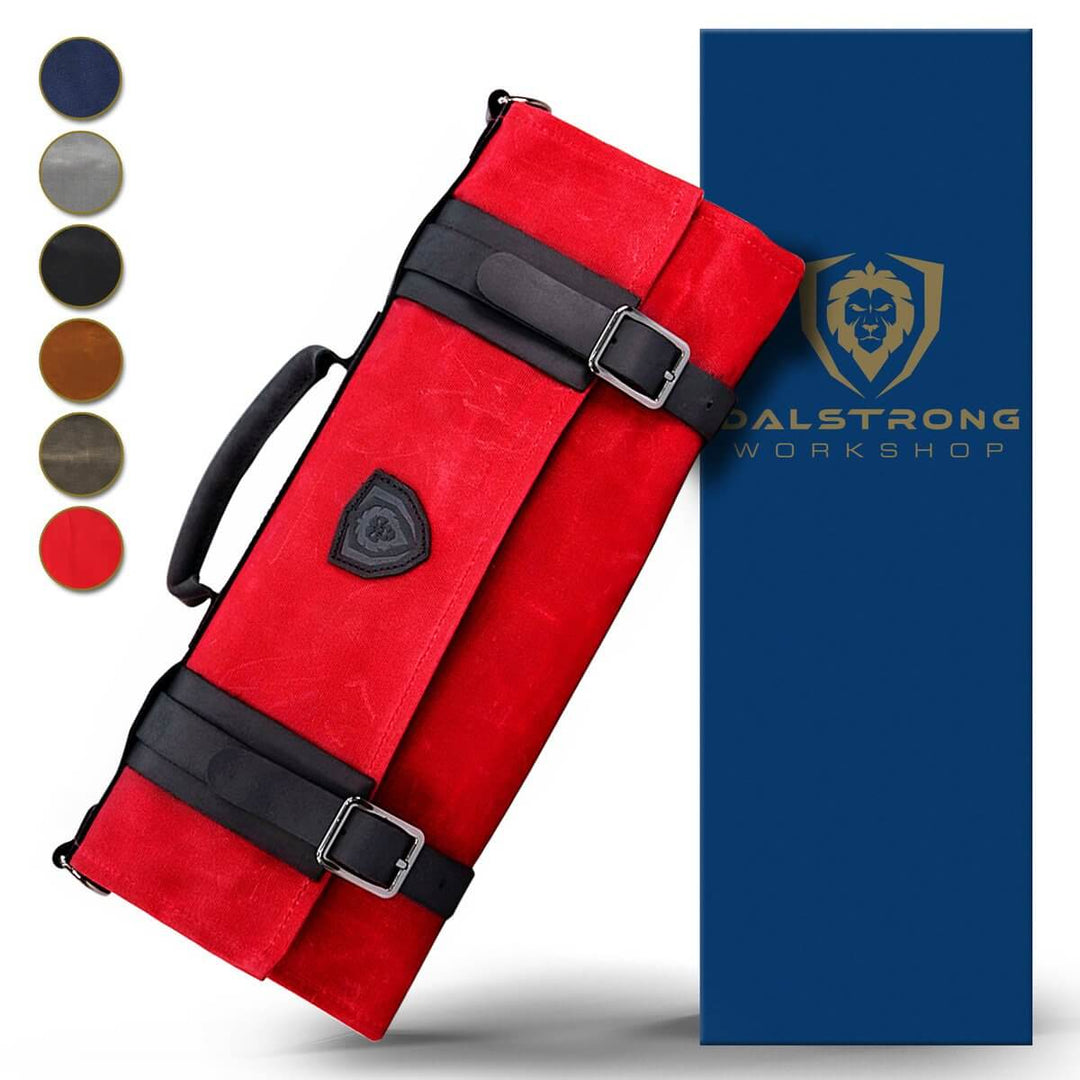 Dalstrong 12oz heavy-duty canvas and leather crimson red nomad knife roll in front of it's premium packaging.