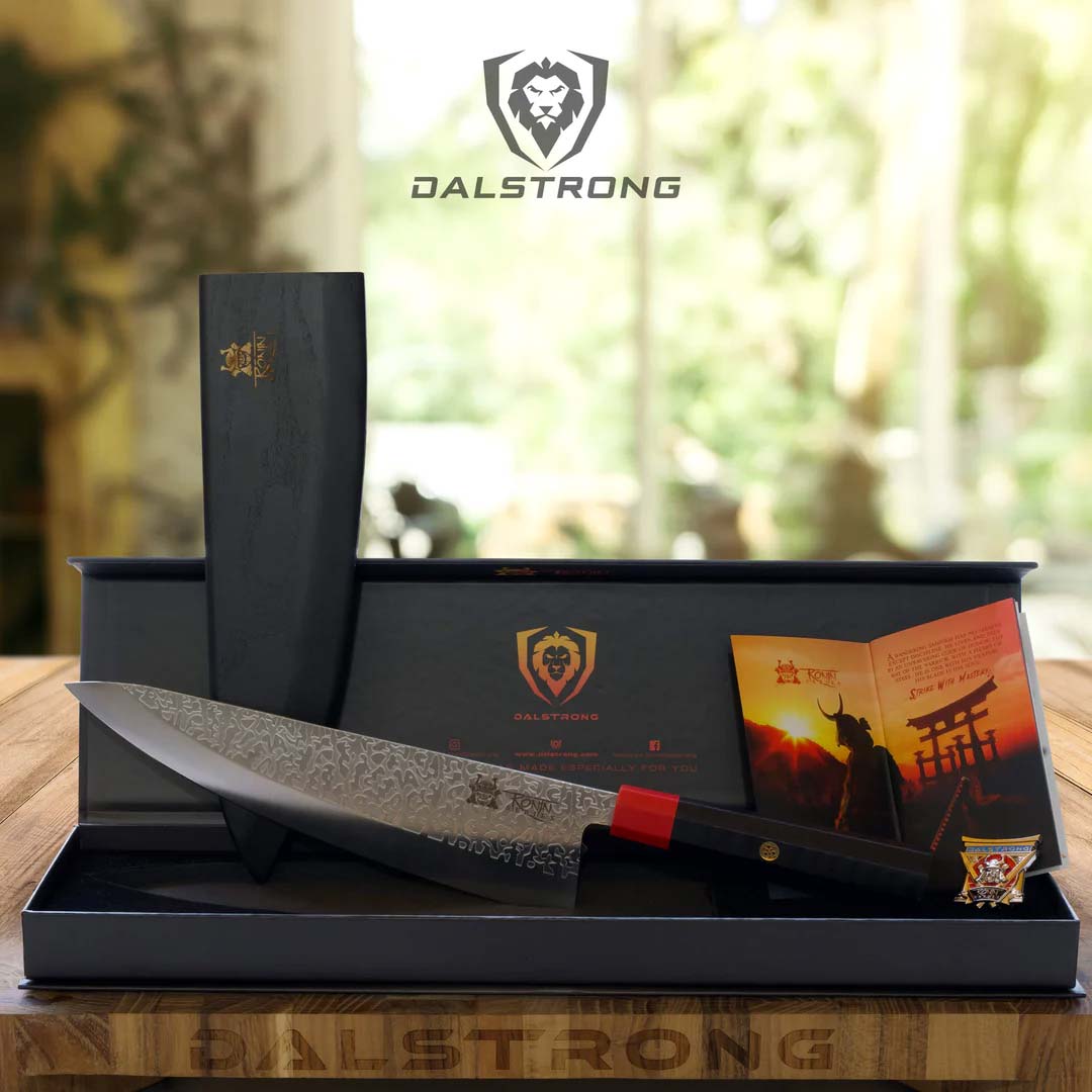 Dalstrong roning series 8 inch chef knife with black handle and sheath with it's premium packaging.