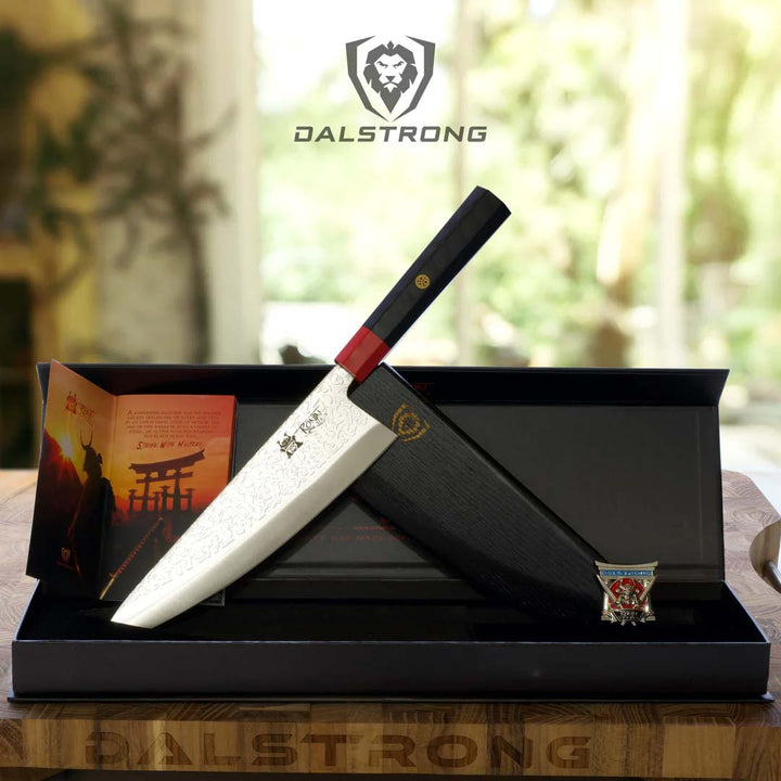 Dalstrong ronin series 9.5 inch chef knife with black handle and sheath outside it's premium packaging.