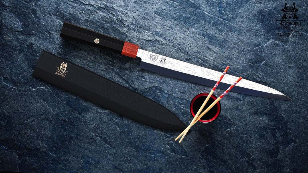 Dalstrong ronin series 10.5 inch yanagiba and sushi knife with black handle and black sheath.