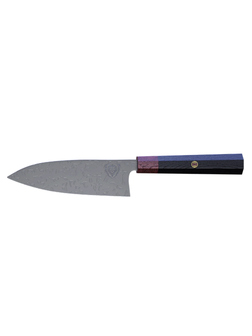 Dalstrong ronin series 6 inch deba knife with black handle in all angles.