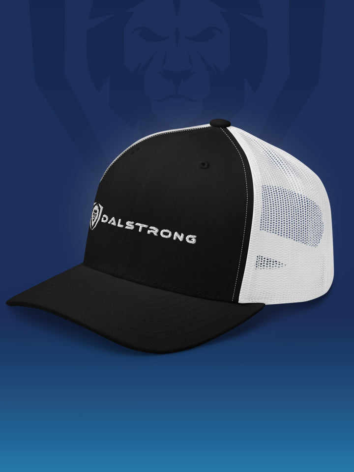 Dalstrong apparel trucker cap classic logo black and white side angle.
