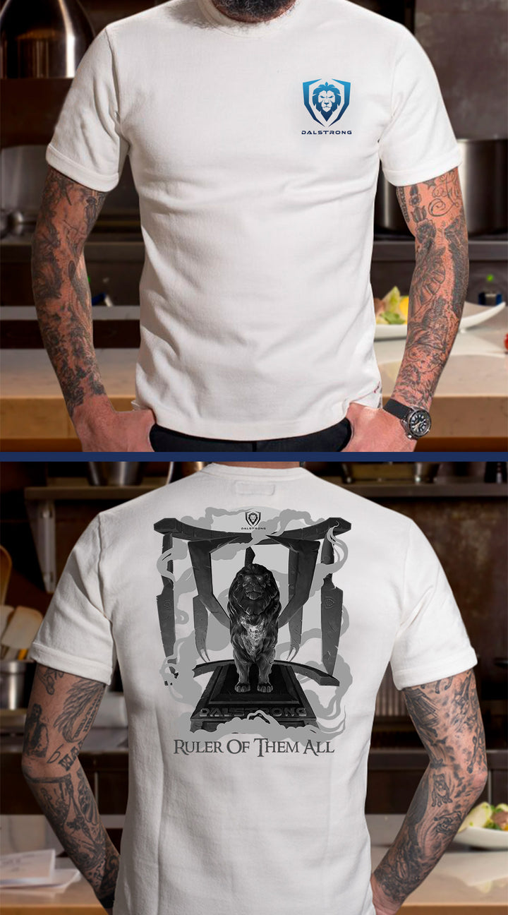 Dalstrong ruler of them all tee white front and back preview.