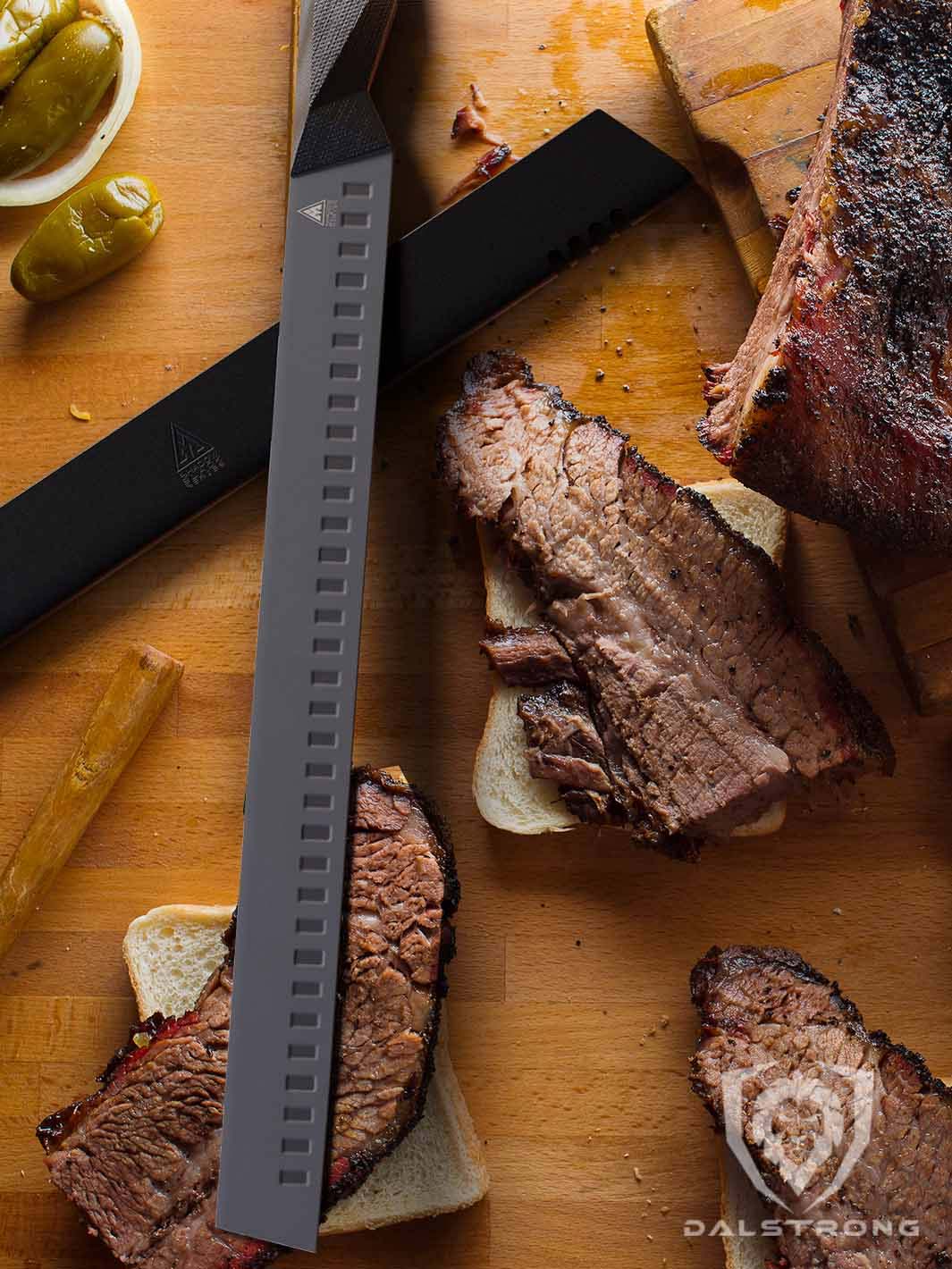 Dalstrong shadow black series 14 inch slicer knife with slices of brisket on a wooden table.