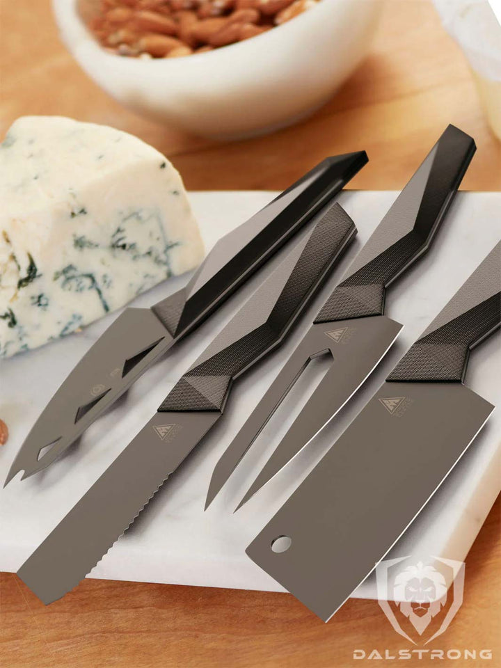 Dalstrong shadow black series 4 piece cheese knife set with a slice of chese on a white board.