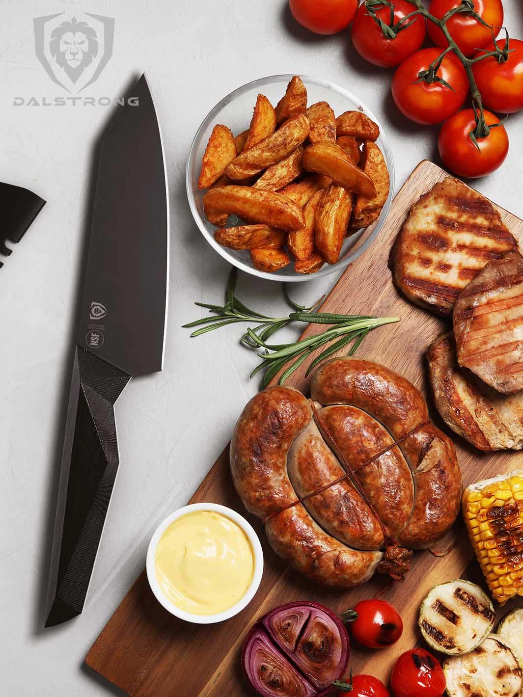 Dalstrong shawdow black series 6 inch chef knife with barbecue meats on a cutting board.
