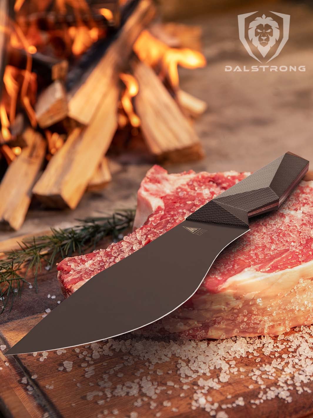 Dalstrong shadow black series 7 inch barong knife on top of a thick cut steak.