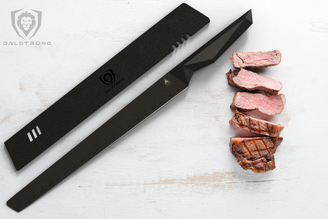 Dalstrong shadow black series 12 inch slicer knife with black sheath beside slices of steak.