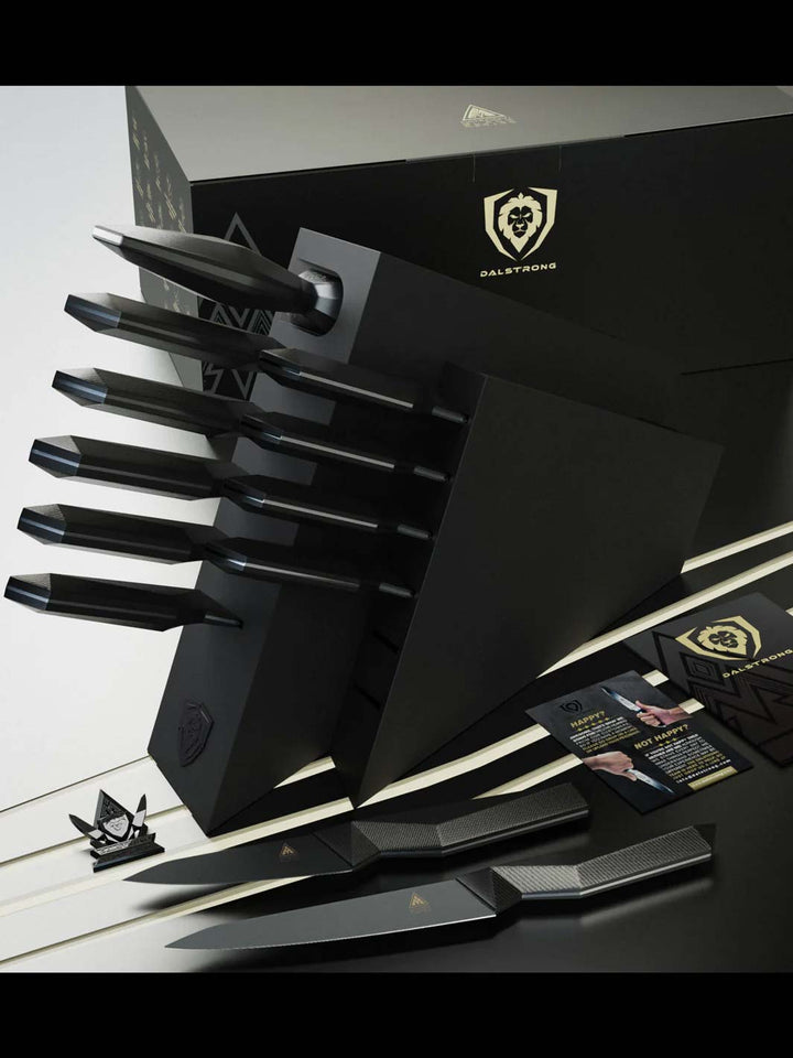 Dalstrong shadow black series 12 piece knife block set beside it's premium packaging with pin and cards.