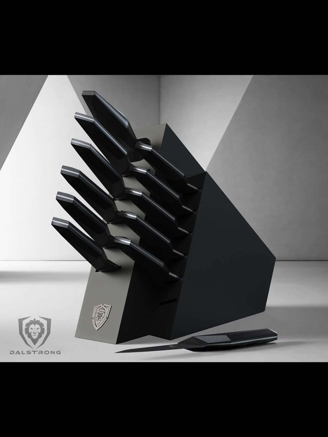 Dalstrong shadow black series 12 piece knife block set inside of it's handcrafted block.