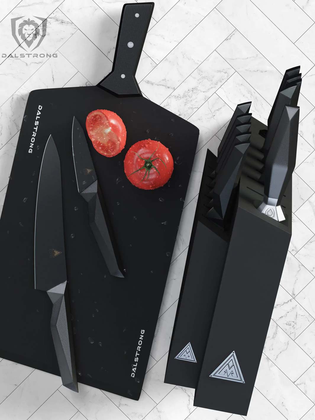 Dalstrong shadow black series 12 piece knife block set beside a dalstrong cutting board.