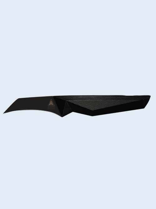 Dalstrong shadow black series 2.75 inch bird's beak paring knife in all angles.