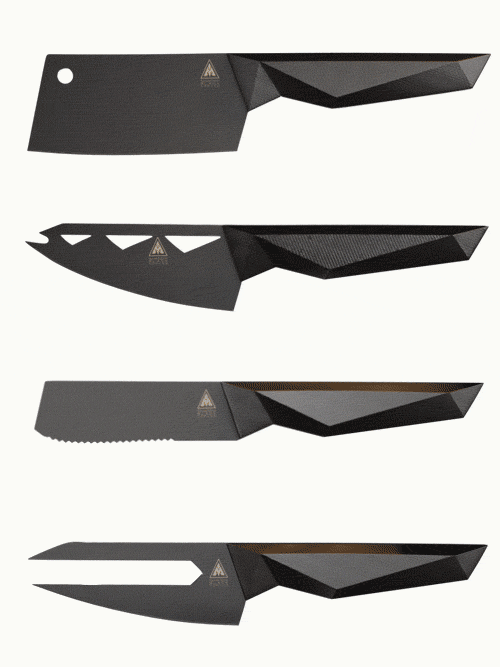 Dalstrong shadow black series 4 piece cheese knife set in all angles.