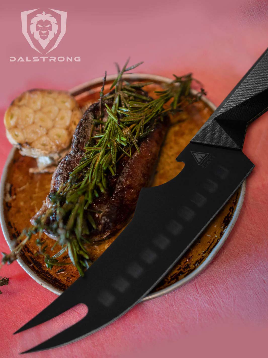 Dalstrong shadow black series 6.5 inch pitmaster knife with a steak on the side.