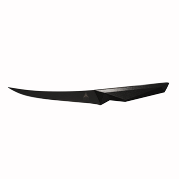 Dalstrong shadow black series 6 inch curved boning knife in all angles.