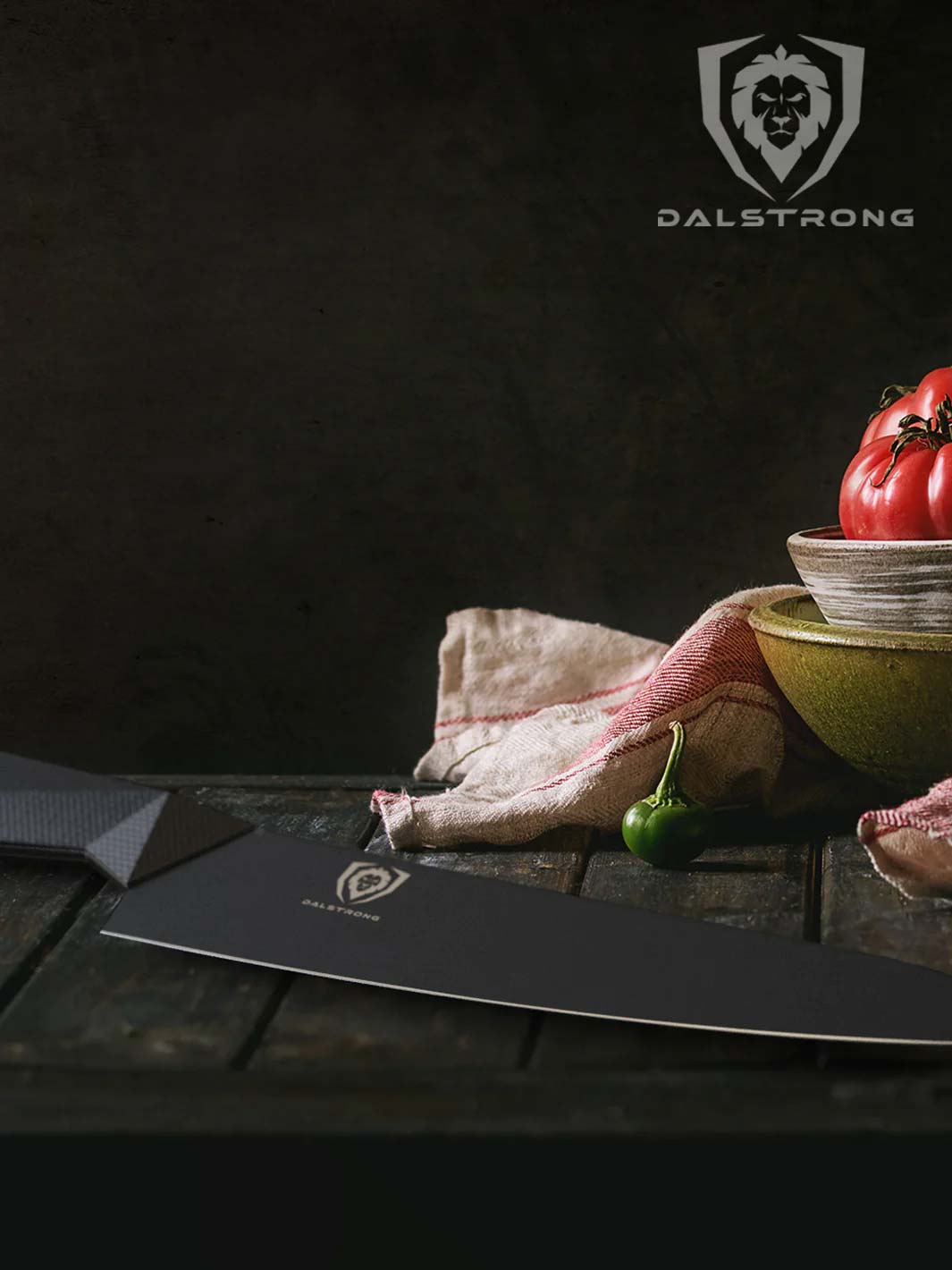 Dalstrong shadow black series 8 inch chef knife on a wooden table.