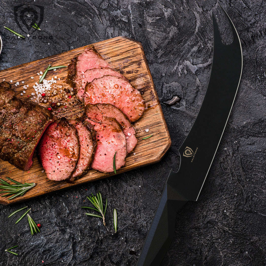 Dalstrong shadow black series 9 inch pitmaster knife and slices of cooked meat on a cutting board.