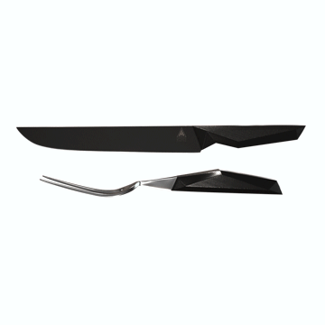 Dalstrong shadow black series 9 inch carving and fork set in all angles.