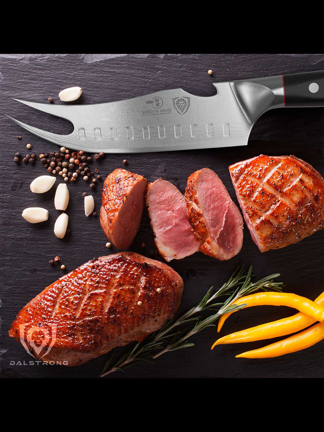 Dalstrong shogun series 6.5 inch pitmaster knife with black handle and sliced duck meat on the bottom.