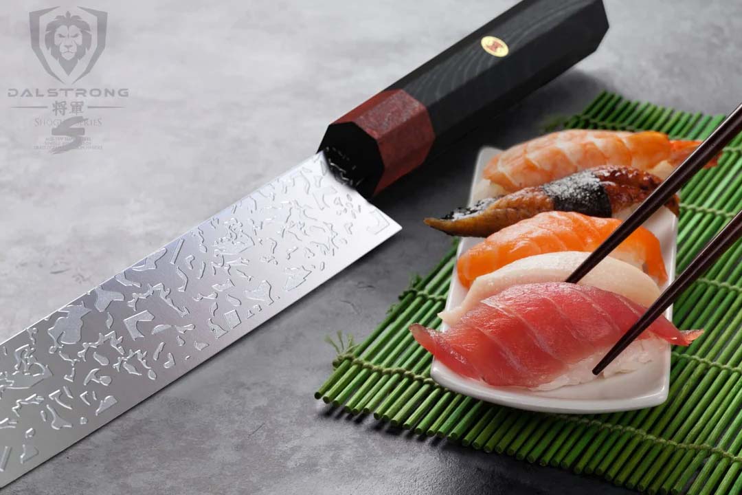 Dalstrong ronin series 10.5 inch yanagiba and sushi knife with black handle beside five sushi.