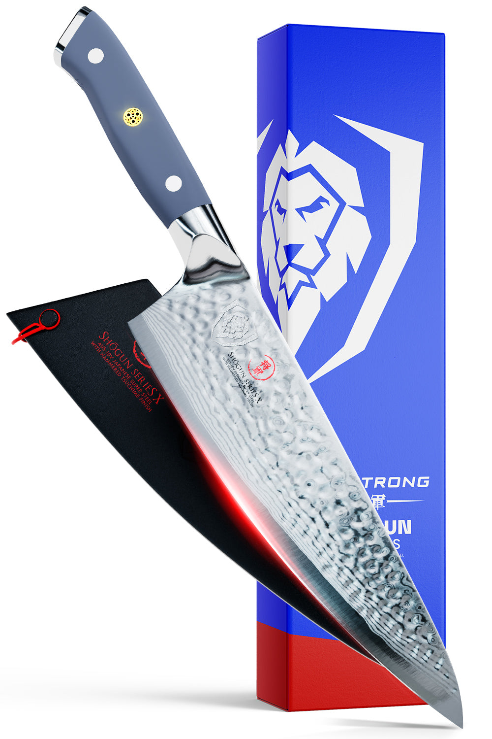 Dalstrong shogun series 8 inch chef knife with light blue matte handle in front of it's beautiful packaging.