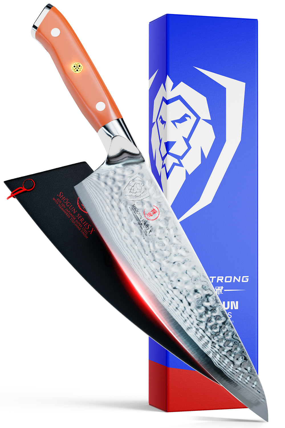 Dalstrong shogun series 8 inch chef knife with flame orange handle in front of it's premium packaging.