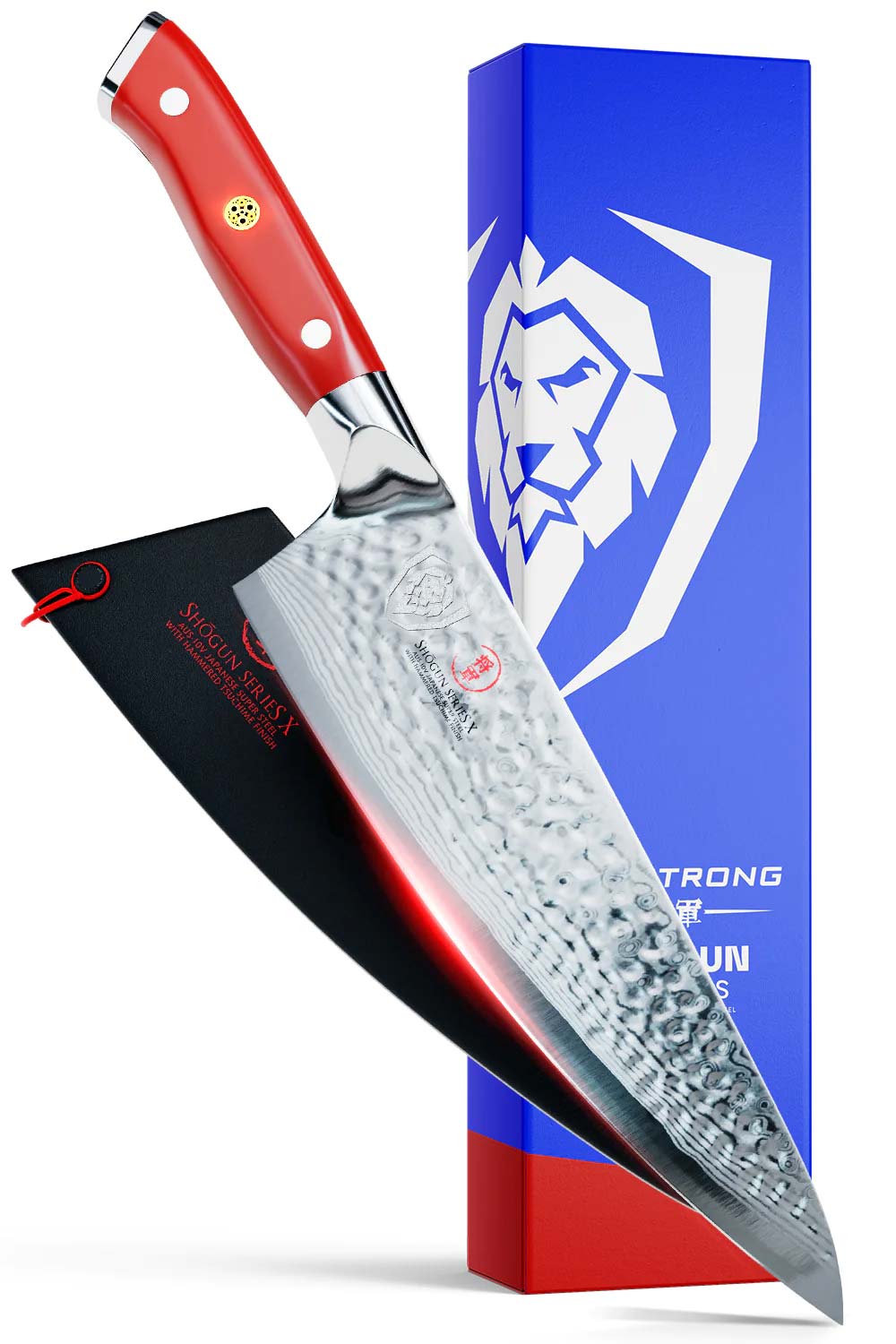 Dalstrong shogun series 8 inch chef knife with red handle in front of it's premium packaging.