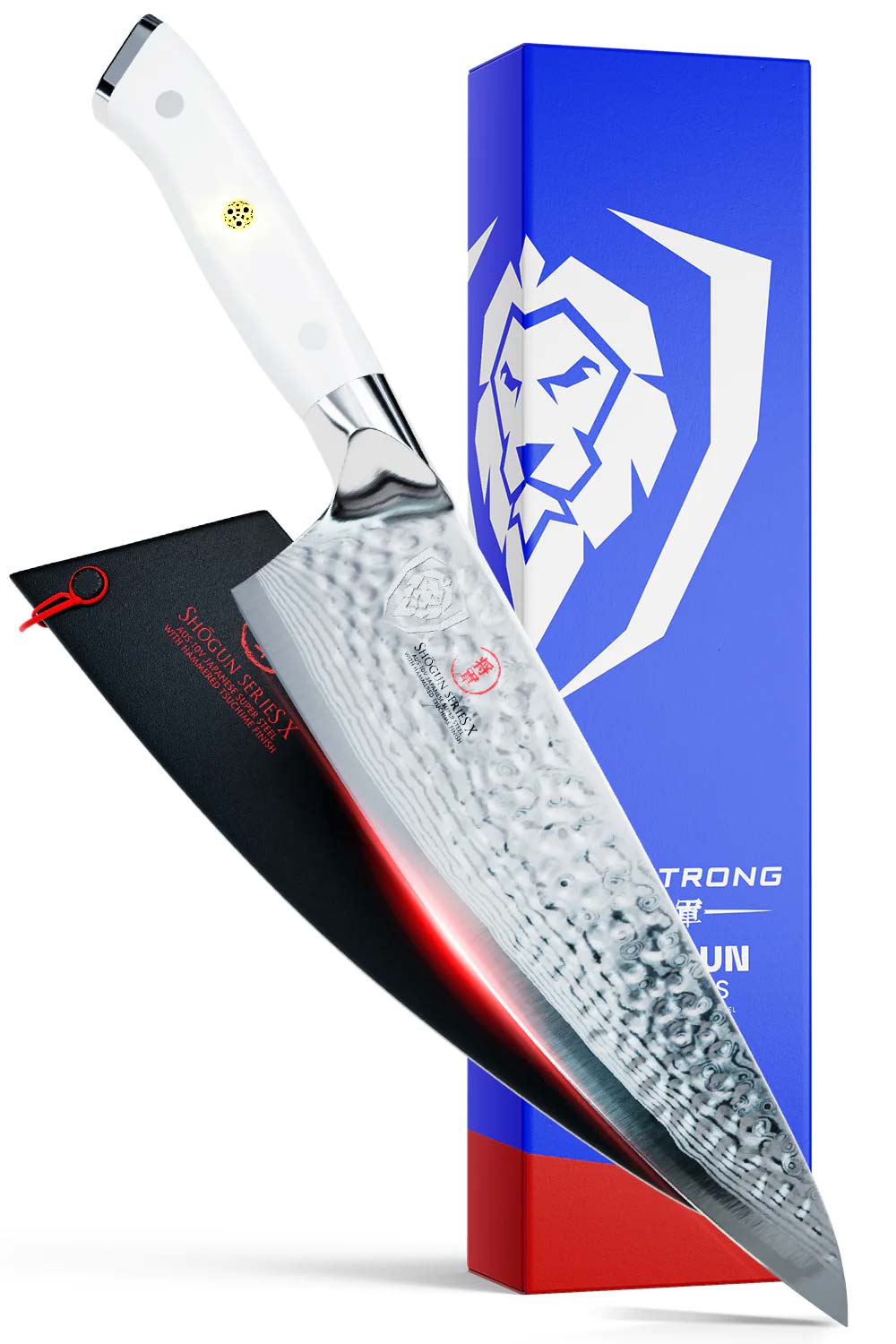 Dalstrong shogun series 8 inch chef knife with white handle in front of it's beautiful packaging.