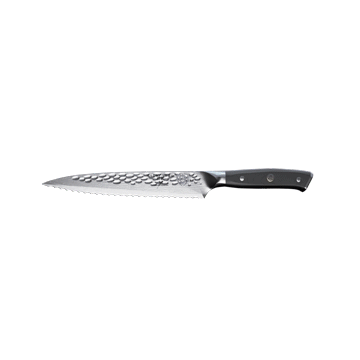 Dalstrong shogun series 6 inch serrated utility knife with black handle in all angles.