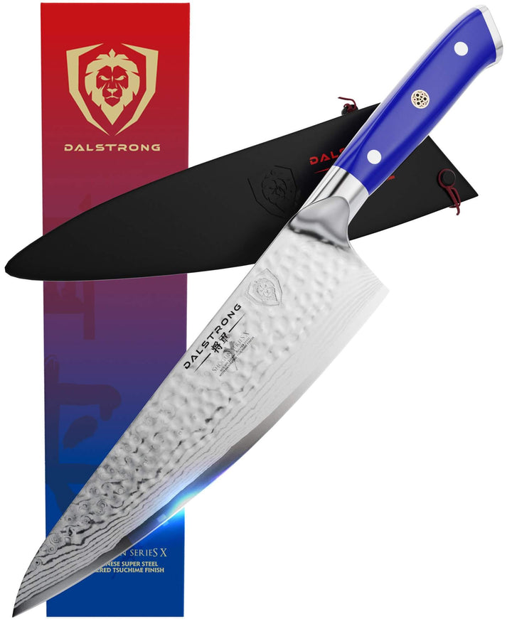 Dalstrong shogun series 8 inch chef knife with blue handle in front of it's premium packaging.