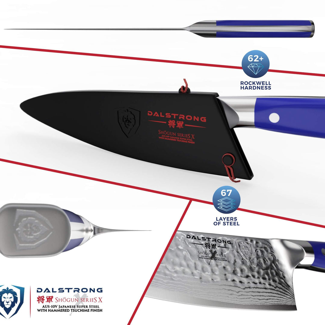 Dalstrong shogun series 8 inch chef knife with blue handle and black sheath featuring it's blade.