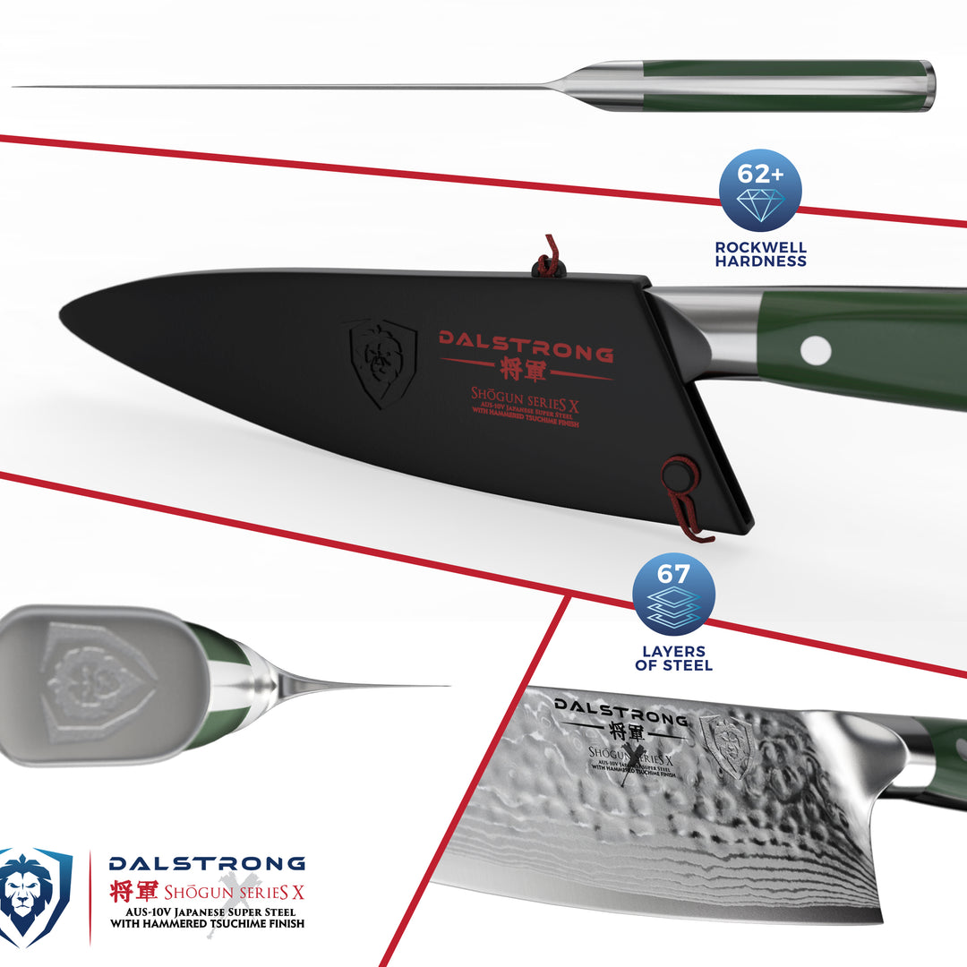 Dalstrong shogun series 8 inch chef knife with army green handle and black sheath featuring it's blade.