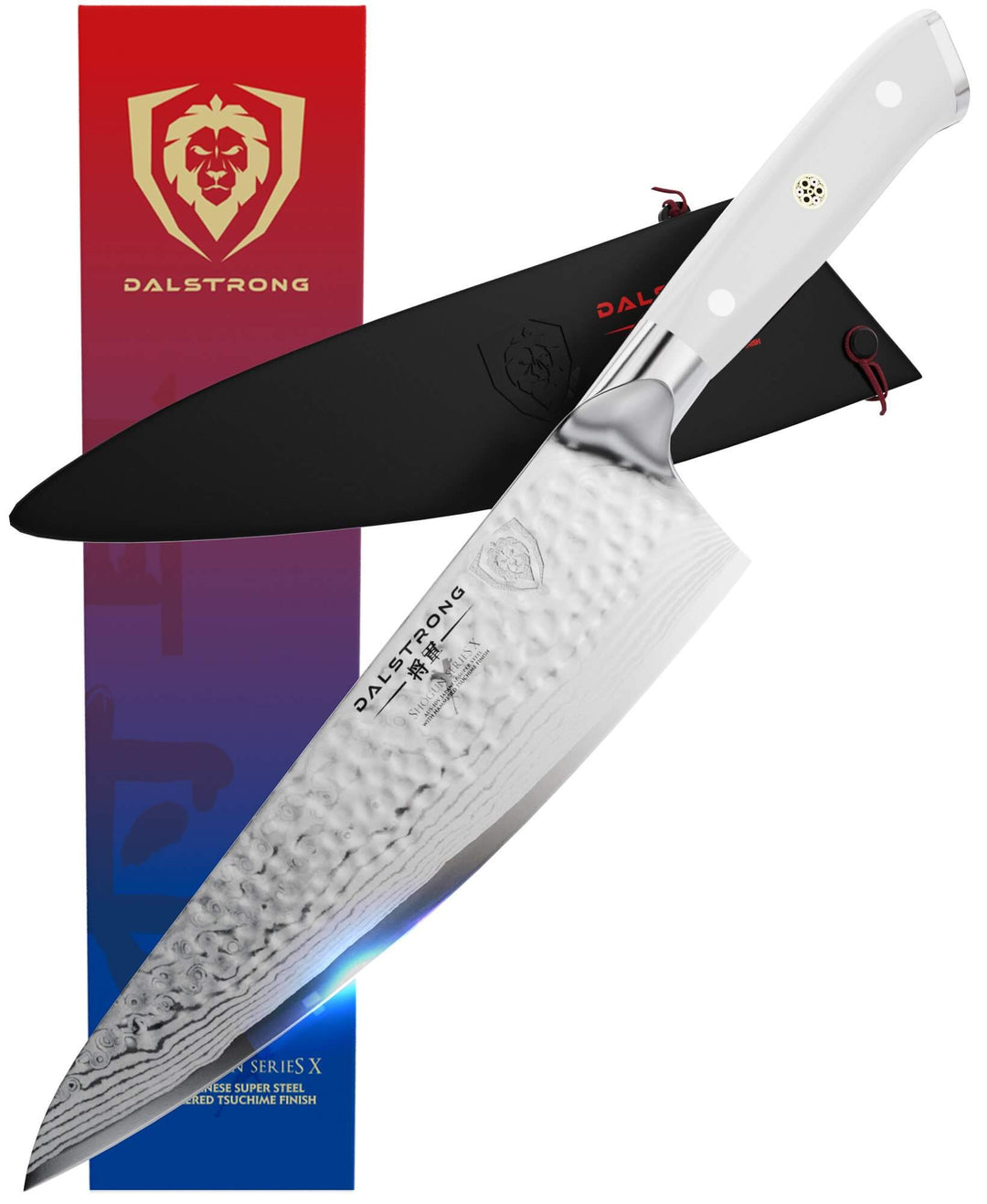 Dalstrong shogun series 8 inch chef knife with white handle in front of it's premium packaging.