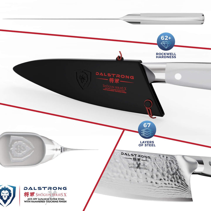 Dalstrong shogun series 8 inch chef knife with white handle and black sheath featuring it's blade.